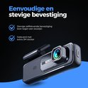 Zwarte dashcam met opzetstuk en "Eenvoudige en stevige bevestiging" tekst.