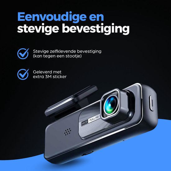 Zwarte dashcam met opzetstuk en "Eenvoudige en stevige bevestiging" tekst.