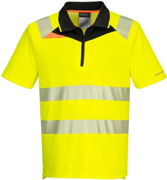Portwest DX4 hi-vis polo in geel met zwarte kraag, reflecterende strepen en oranje accenten.