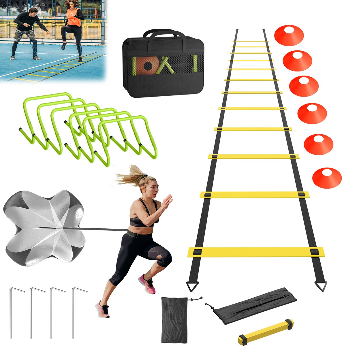 Froadp 6 verstelbare horden, 6 m coördinatiebuis, 12 markeringstopjes, weerstandsparachute – Speed & Agility Set