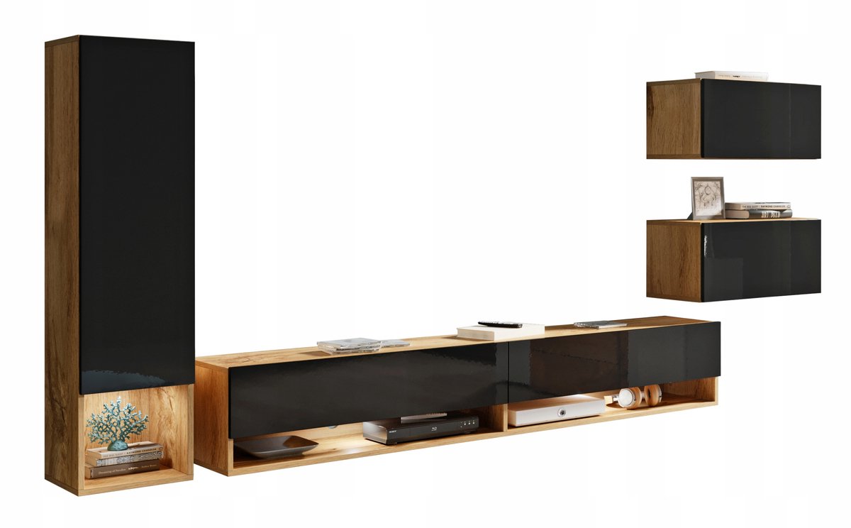 Milo - Woonkamer Set - Wandmeubel met LED - 4-delig - Zwevend - Wotan Eiken & Hoogglans Zwart
