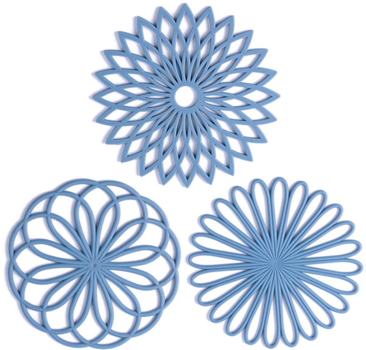 QTTVBTNA – 3 stuks siliconen onderzetters hittebestendig – antislip pannenonderzetters en trivets – flexibel en duurzaam – multifunctioneel voor keuken, eettafel, koffie en theekoppen – modern bloemdesign – Blauw