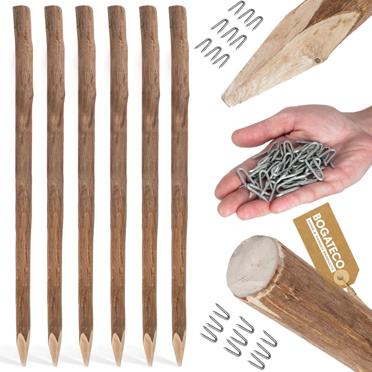 BOGATECO 6 x Hazelnoothouten schuttingpalen | Hoogte 180 cm | Puntige houten palen | Set van 6 | Schuttingpalen, houten palen, ronde houten palen | Houten paal voor boerderijschuttingen, tuinschuttingen