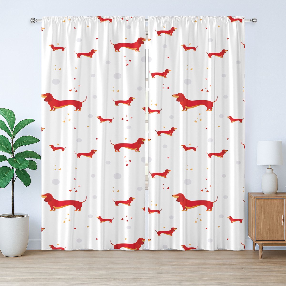 ABAKUHAUS Teckel rustiek gordijn, hond met hartje en stippen, slaapkamergordijn met plooien en haken, 280 x 225 cm, vermiljoen lichtoranje