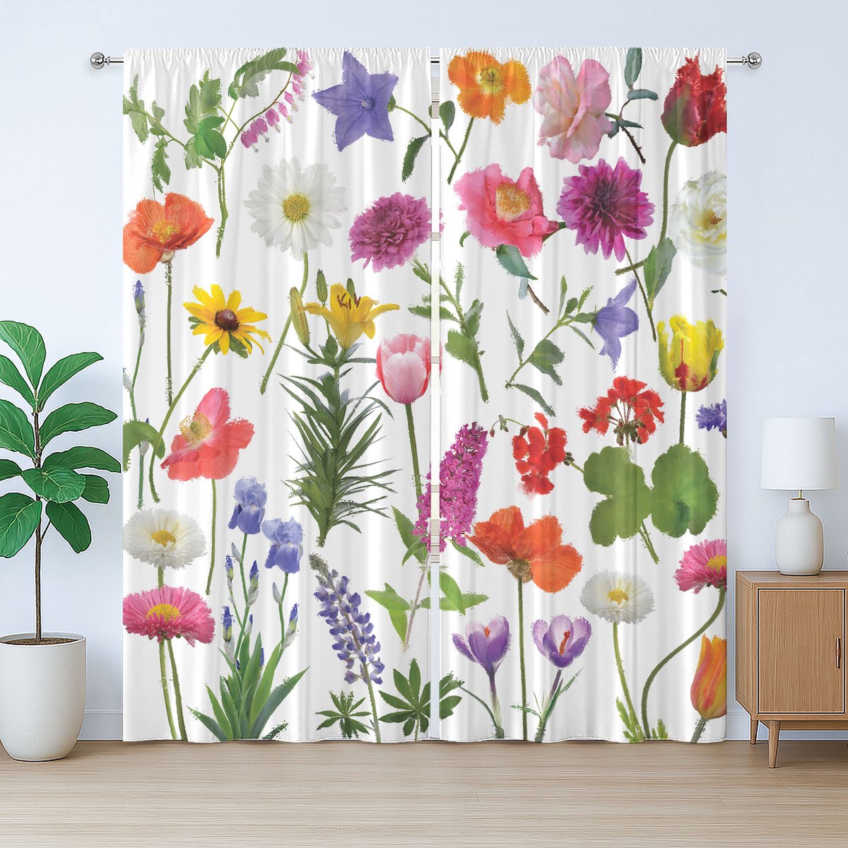ABAKUHAUS Rustiek bloemengordijn, kleurrijke rozen en tulpen, slaapkamergordijn met plooiband, lussen en haken, 280 x 175 cm, roze en groen