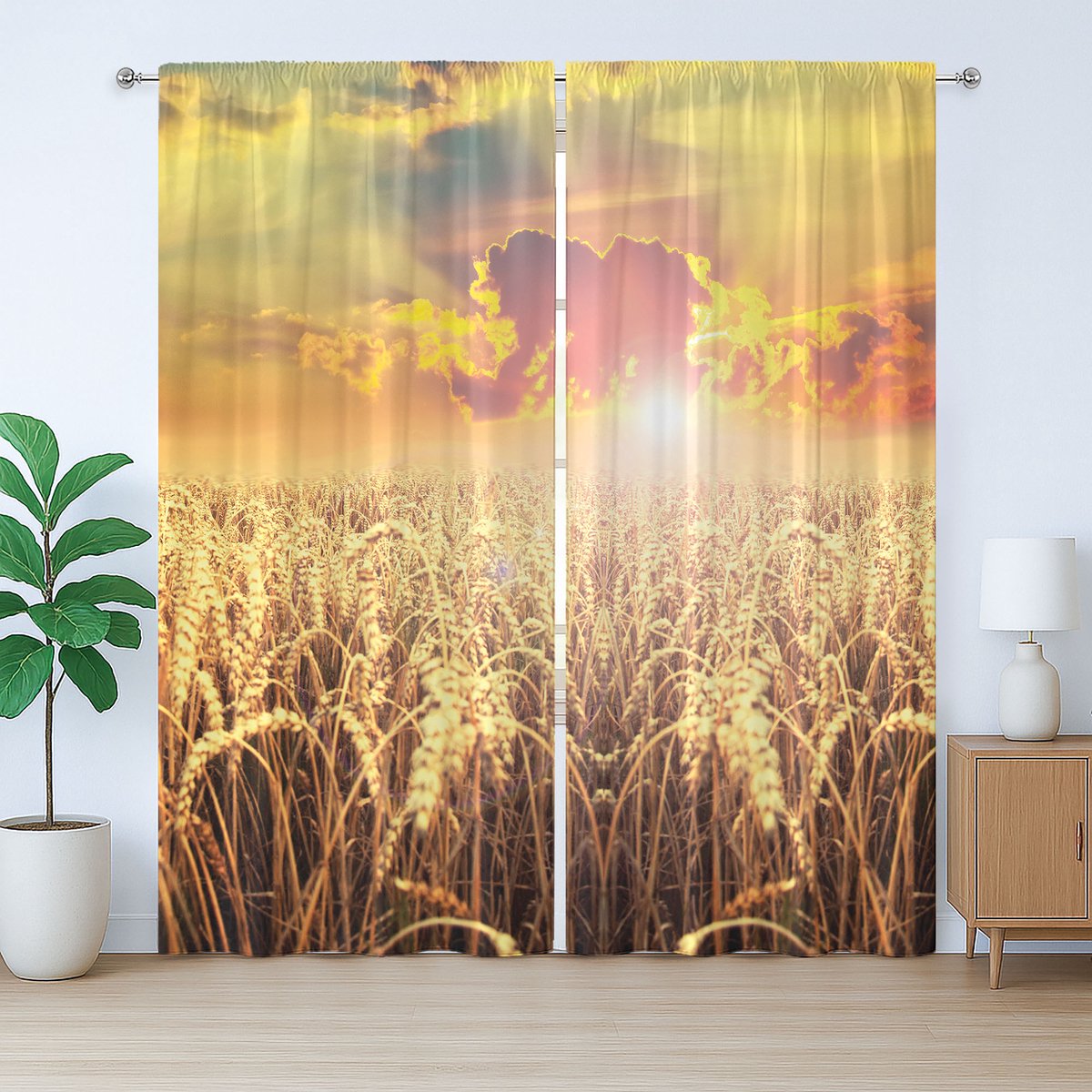 ABAKUHAUS Rustiek Landelijk Gordijn, Anthere Veld Zonsondergang, Slaapkamergordijn met Plooiing, Lussen en Haken, 280 x 225 cm, Zandbruin Meerkleurig
