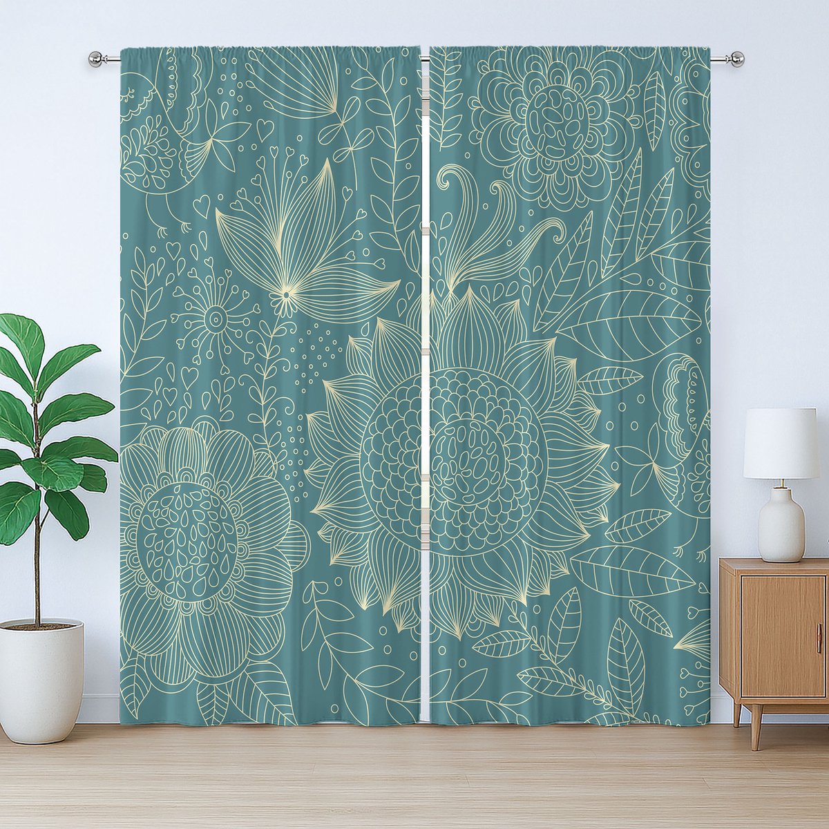 ABAKUHAUS Rustiek tuingordijn, nostalgische bloemenprint, met lussen en haken voor de woonkamer, 280 x 245 cm, turquoise en ivoor