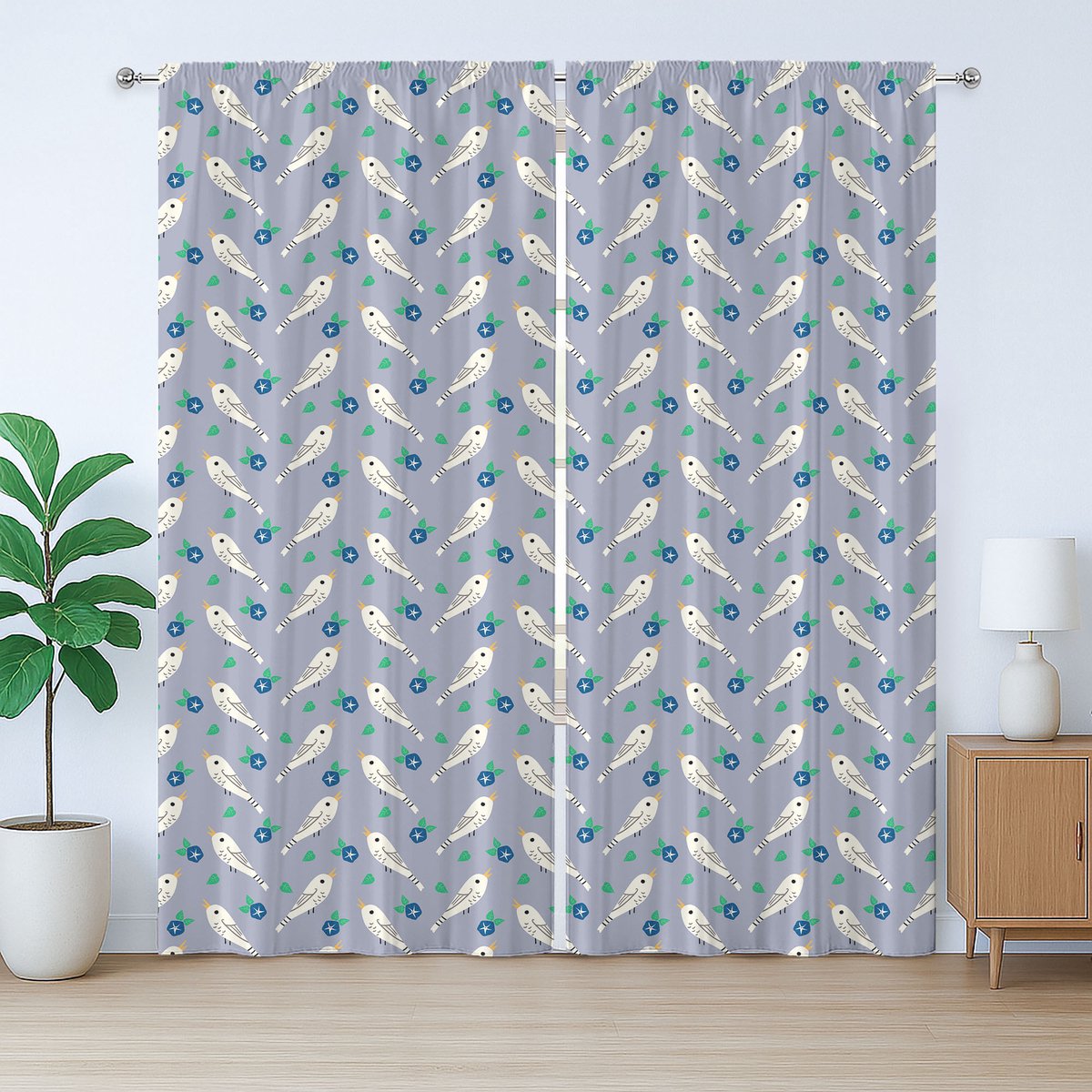ABAKUHAUS Rustiek Lentegordijn, Abstracte Bloemen en Aziatische Vogels, met Bandjes, Lusjes en Haken , 280 x 175 cm, Licht Hemelsblauw Ivoor