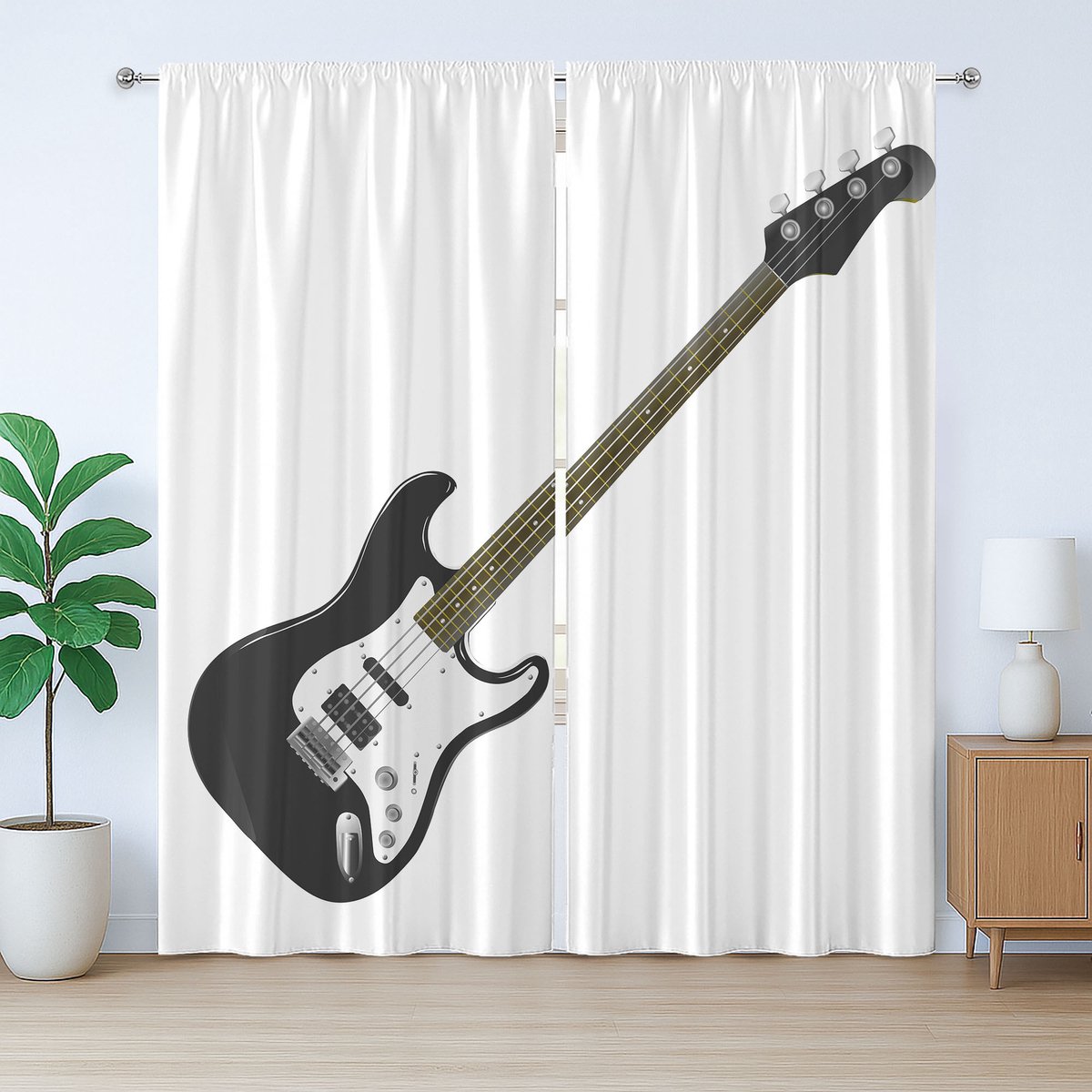ABAKUHAUS Rustiek Gordijn met Gitaarmotief, 4-snarige Basgitaar, met Bandjes, Lussen en Haken voor de Woonkamer, 280 x 225 cm, Zwart Wit Karamel