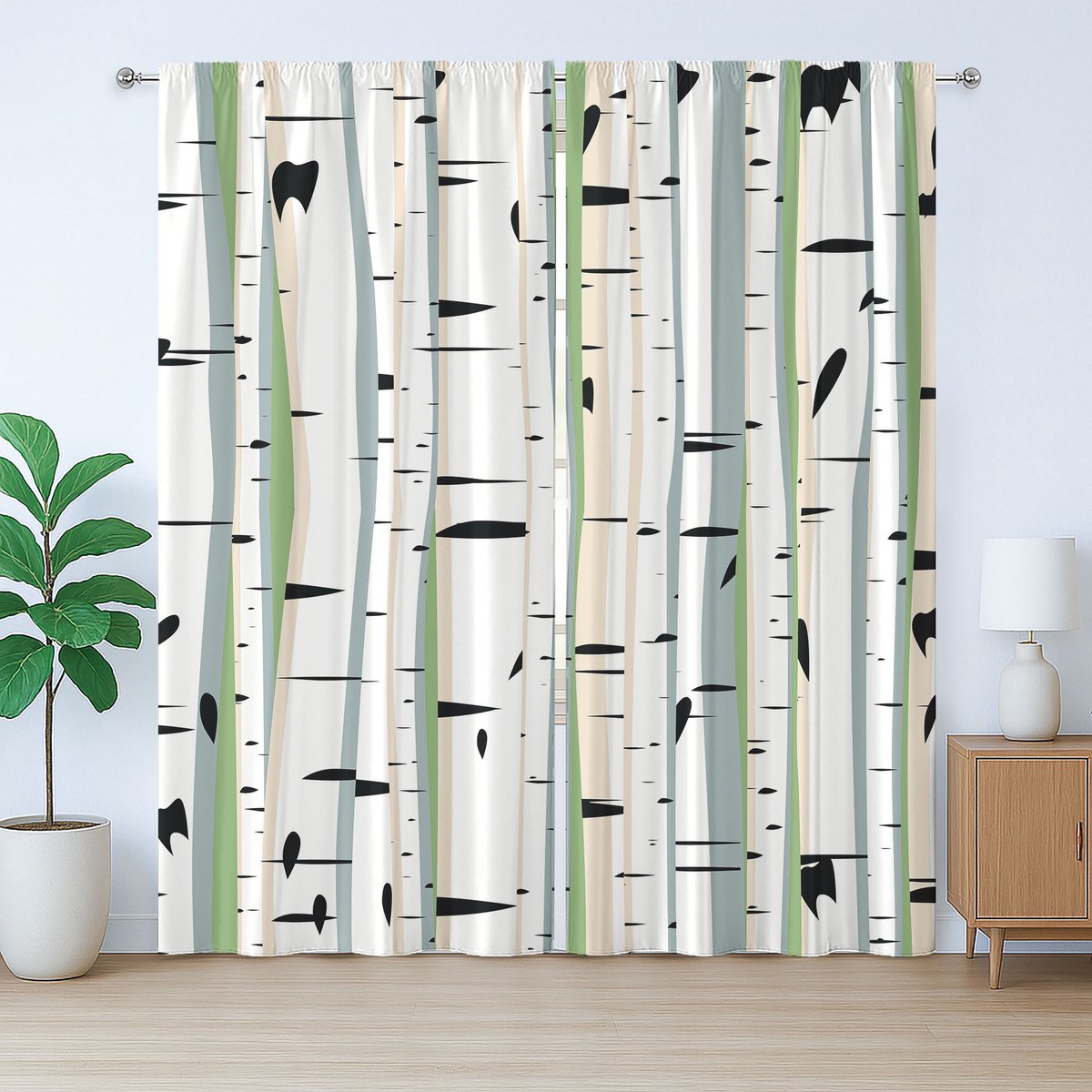 ABAKUHAUS Rustiek boomgordijn, berkenstammenpatroon, met lussen en haken voor de woonkamer, 280 x 175 cm, wit donkergrijs