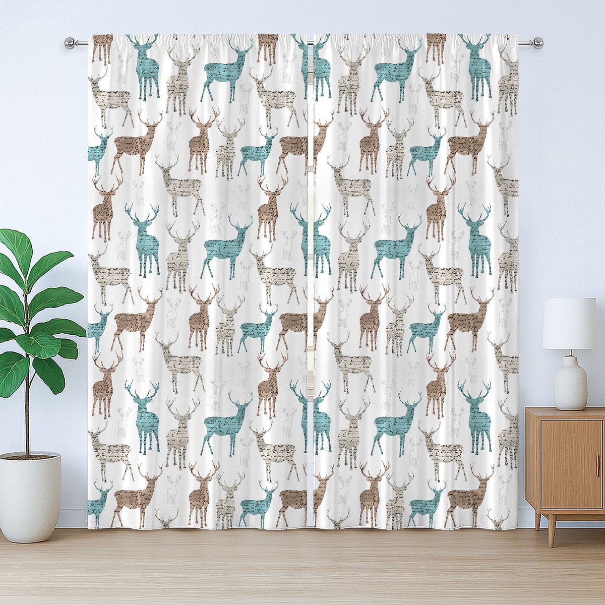 ABAKUHAUS Rustiek Hertengordijn, Antieke Tekst Dieren Kerst, met Bandjes voor de Woonkamer met Lussen en Haken, 280 x 175 cm, Turkoois Beige Bruin