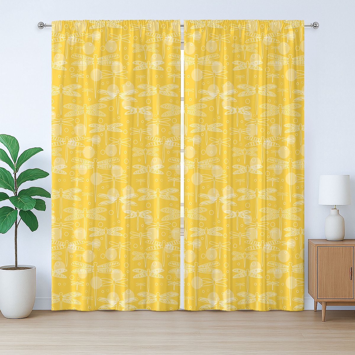 ABAKUHAUS Geel en wit rustiek gordijn, insectenmotief, slaapkamergordijn met plooien, lussen en haken, 280 x 225 cm, geel en wit