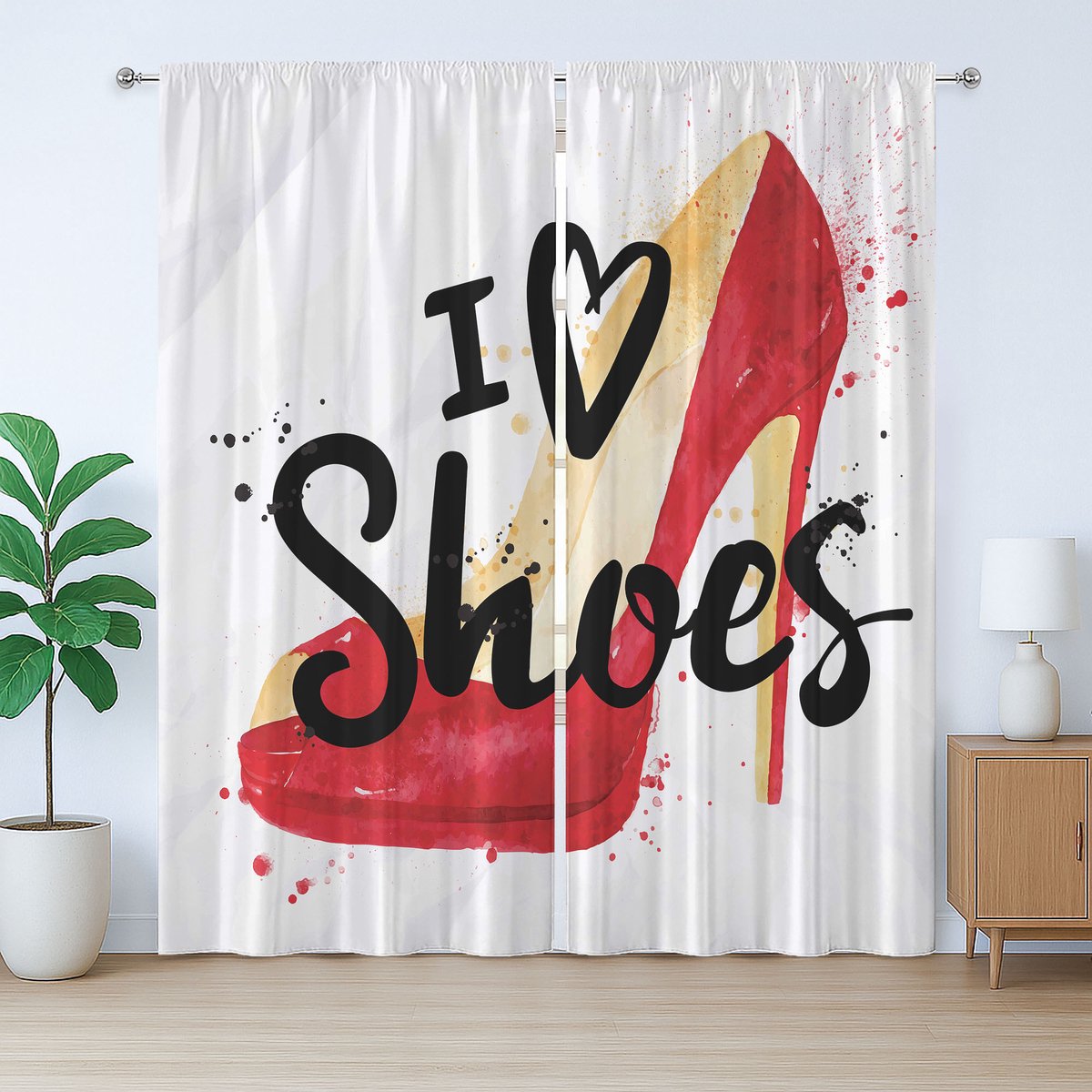 ABAKUHAUS Rustiek gordijn met citaat "Ik hou van schoenen", typografie, hoge hakken, lussen en haken, 280 x 175 cm, vermiljoen antracietgrijs