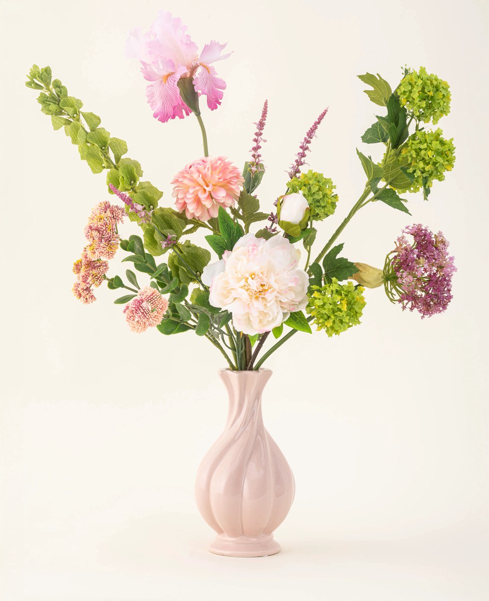 Easyplants | Zijden kunstbloemen boeket First Light | Zijde | Nepbloemen | Groen, Roze, Licht Roze, Paars, Peach | Onderhoudsvrij | Kant-en-klaar