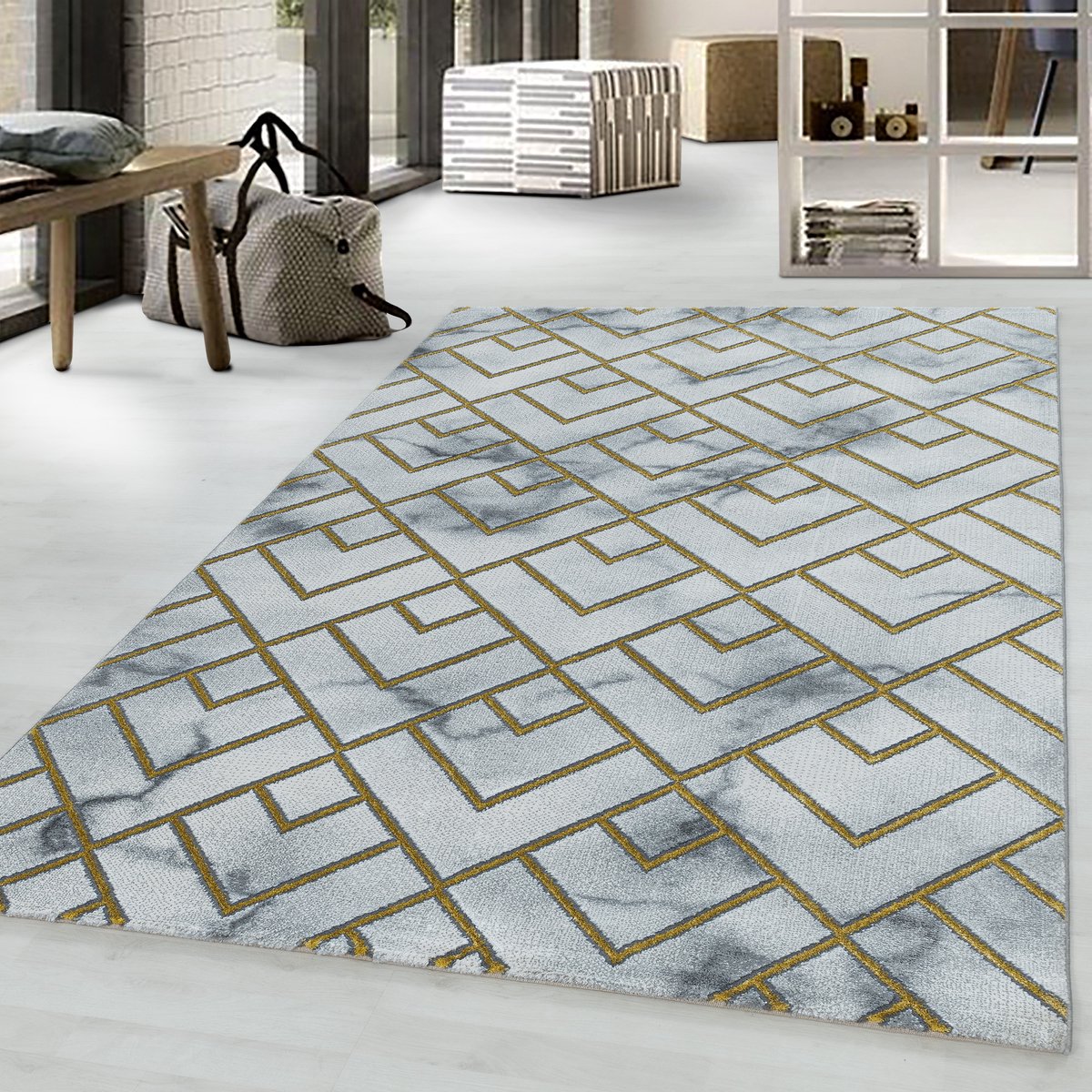 Laagpolig vloerkleed, marmerdesign, goudkleurig, woonkamerkleed, jute achterkant, afmeting: 140 x 200 cm