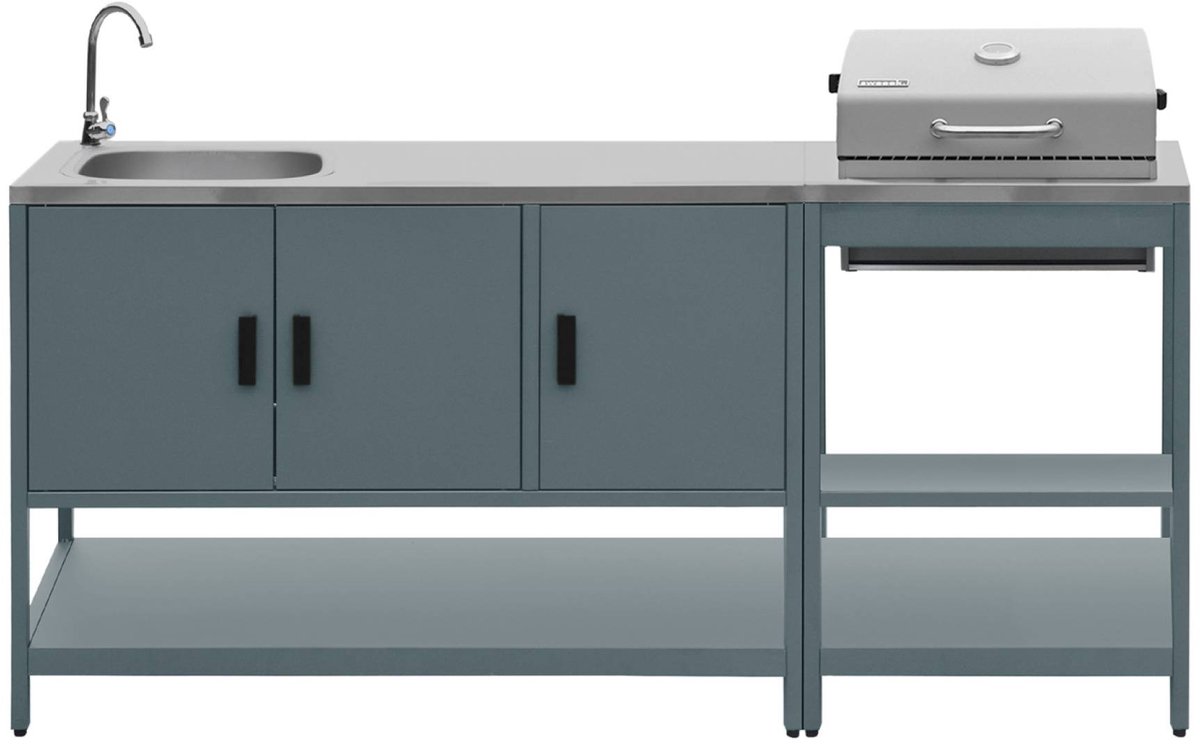 sweeek - 2 buitenkeukenmodules met barbecue op houtskool en gootsteen staal - naxos