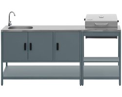 sweeek - 2 buitenkeukenmodules met barbecue op houtskool en gootsteen staal - naxos