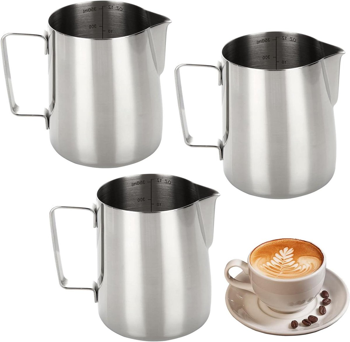 Melkkannetje 350 ml met meetmarkering, roestvrij staal voor opschuimen melk - Set van 3