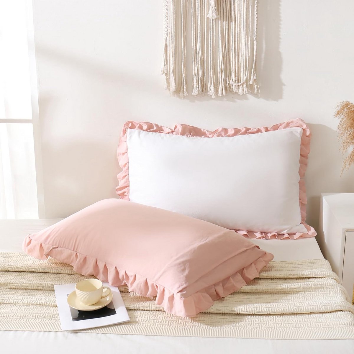 Set van 2 Kussenslopen met Ruches - Omkeerbaar Shabby Chic Design - Zacht Katoen - Standaa
