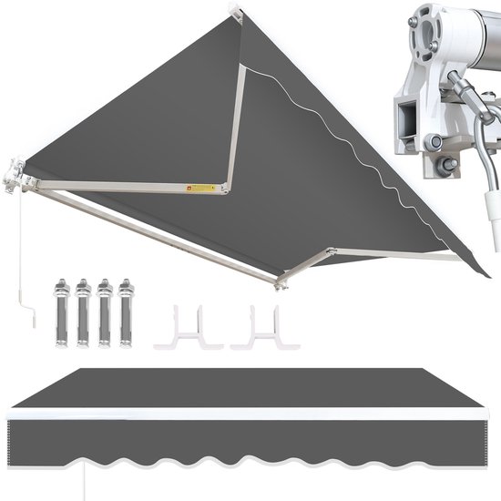 Grijze luifel, gedeeltelijk uitgeklapt, met aluminium frame en bevestigingsonderdelen.