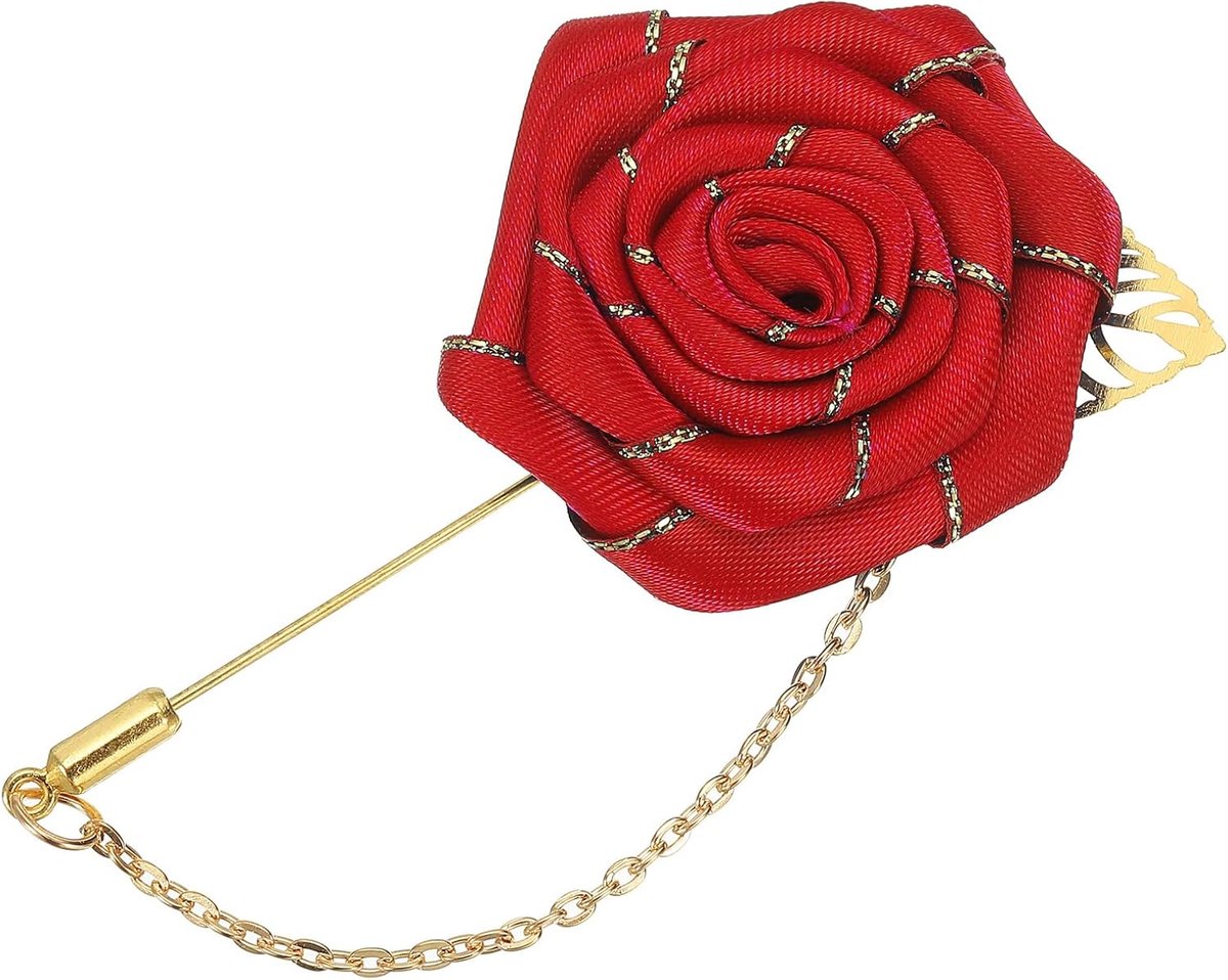 Stoffen Bloem Speld - Decoratieve Pin - Feestelijke Accessoires - Met Hangende Ketting - 5.5cm Stok Lengte - Scarlet Rood