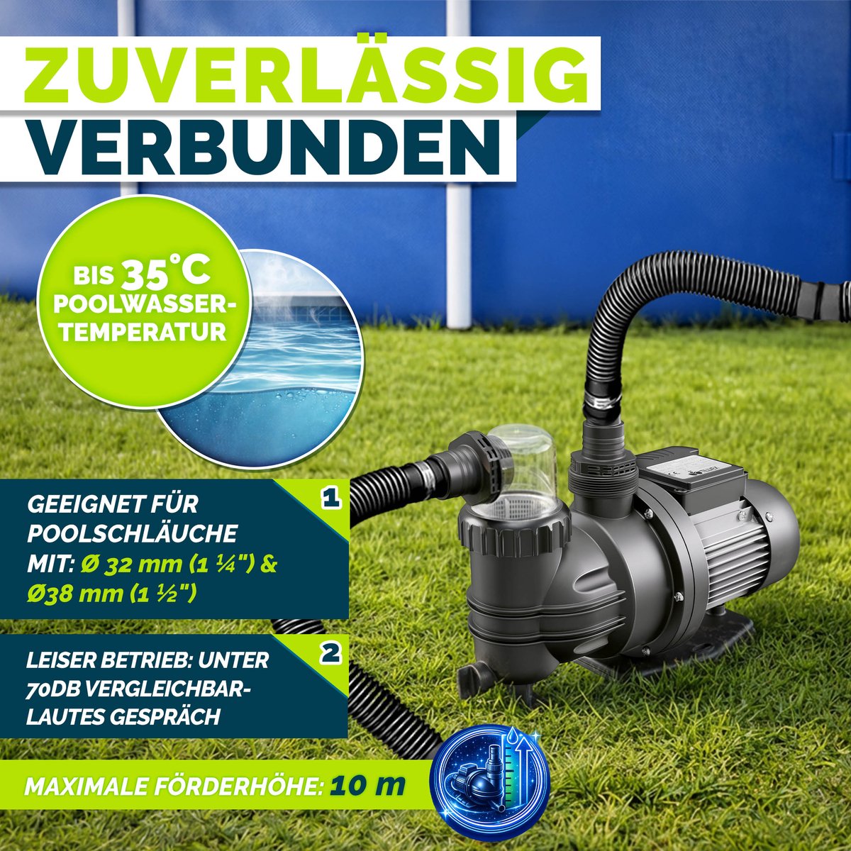 tillvex® Filterpompe Zwembad 9.500L/u & 550W | Zwembadpomp Opvoerhoogte max. 10m | Poolfilter Circulatiepomp voor 40m³ Zwembaden | Zwembadpomp Zelfinzuigend voor Opzetzwembad Spa met Voorfilter – foto 6