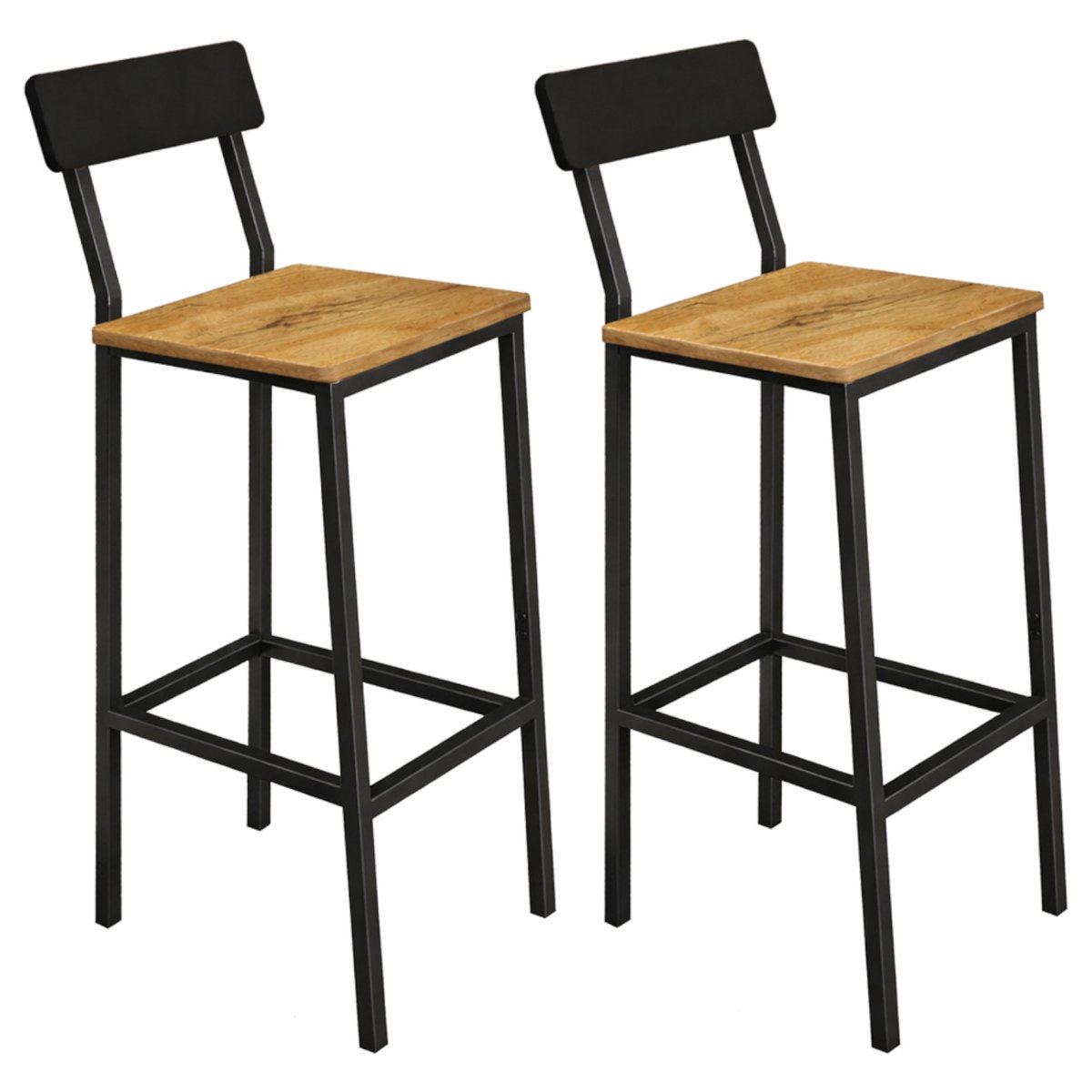 BEGRYF Set van 2 Barkrukken - Elzenkleur - Met Rugleuning - Met Voetsteun - 40x29,5x90 cm - Industrieel Design - Houtlook Zitting Elzenkleur/Zwart