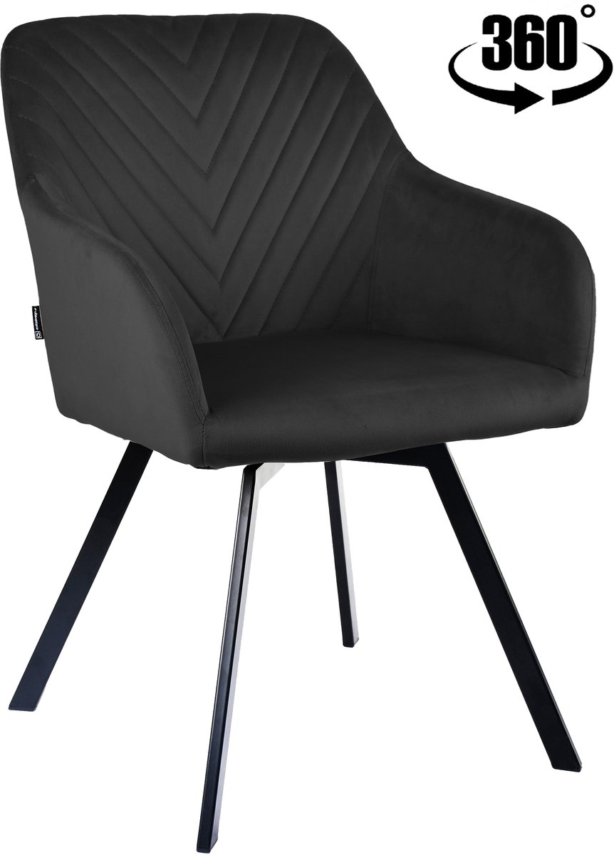Luxe Draaibare Eetkamerstoel PANKO 2 – 360° Draaimechanisme – Zwart Velvet – Gestoffeerd – Visgraat Stiksel – Zwart Metalen Frame – Max. 120 kg