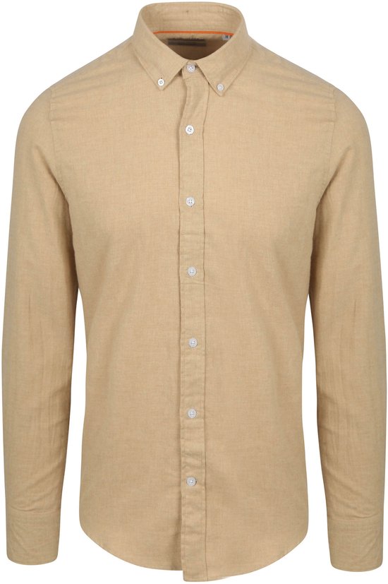 Beige casual overhemd met lange mouwen en witte knopen.
