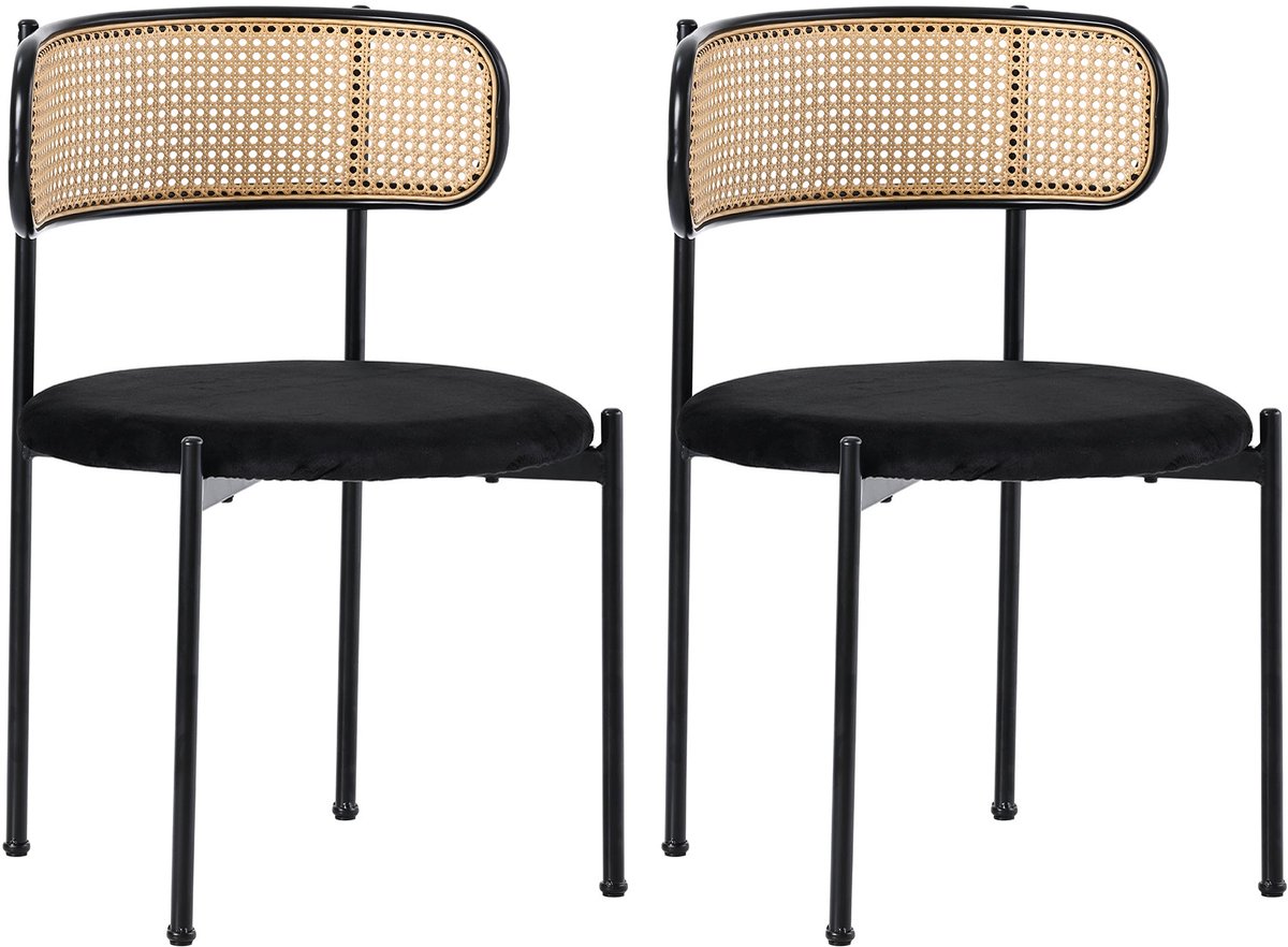 Merax Eetkamerstoelen Set Van 2 - Velours Stoelen Met Rattan Rugleuning - Moderne Design Stoel Met Metalen Poten Voor Eetkamer Woonkamer Of Slaapkamer
