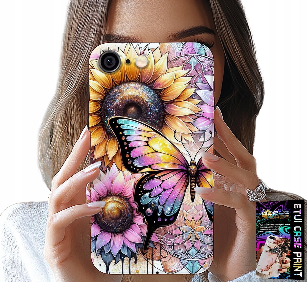HOESJE VOOR IPHONE (6 PLUS) - ZONNEBLOEM MET VLINDER, BEHUIZING + FOLIE