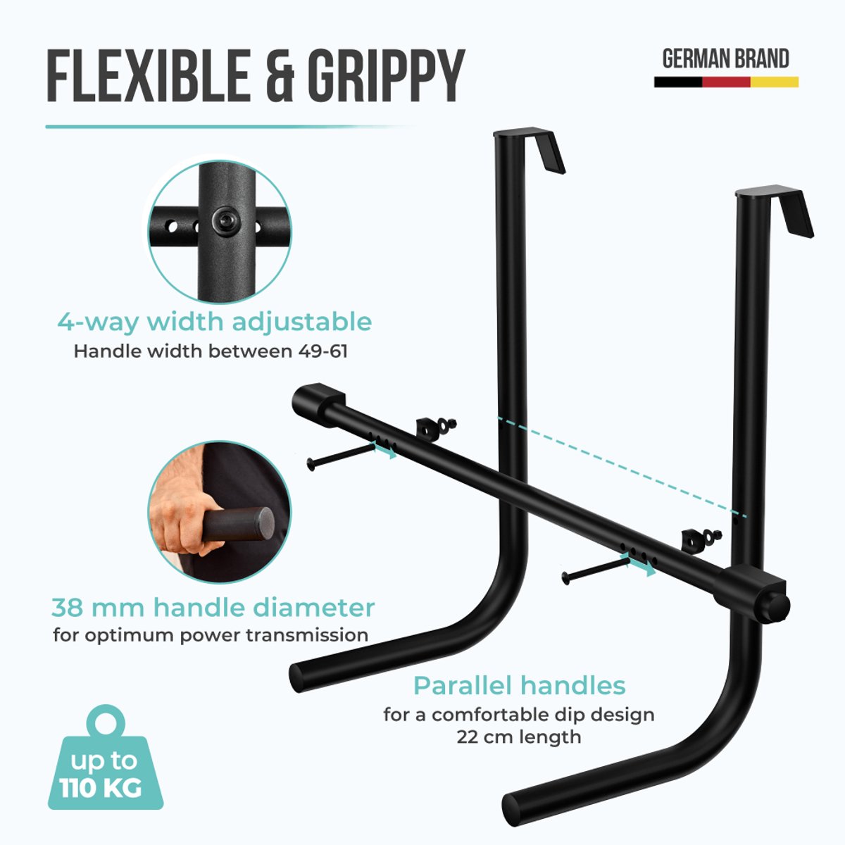 PULLUP & DIP Pro - Dip Module Uitbreiding - Voor Deur-Pull-up Stangen - 4-voudig Verstelbare Breedte - 38mm Gripdiameter thumbnail 8