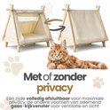 Beige dieren tent die open en dicht kan, met een oranje kat. "Met of zonder privacy" is de kop. Ventilatie en kijkvenster zichtbaar.