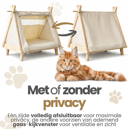 Beige dieren tent die open en dicht kan, met een oranje kat. "Met of zonder privacy" is de kop. Ventilatie en kijkvenster zichtbaar.