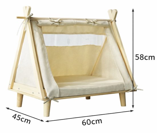 Beige dieren tent op houten poten met afmetingen 60x58x45cm. Een beige kussen is aanwezig.