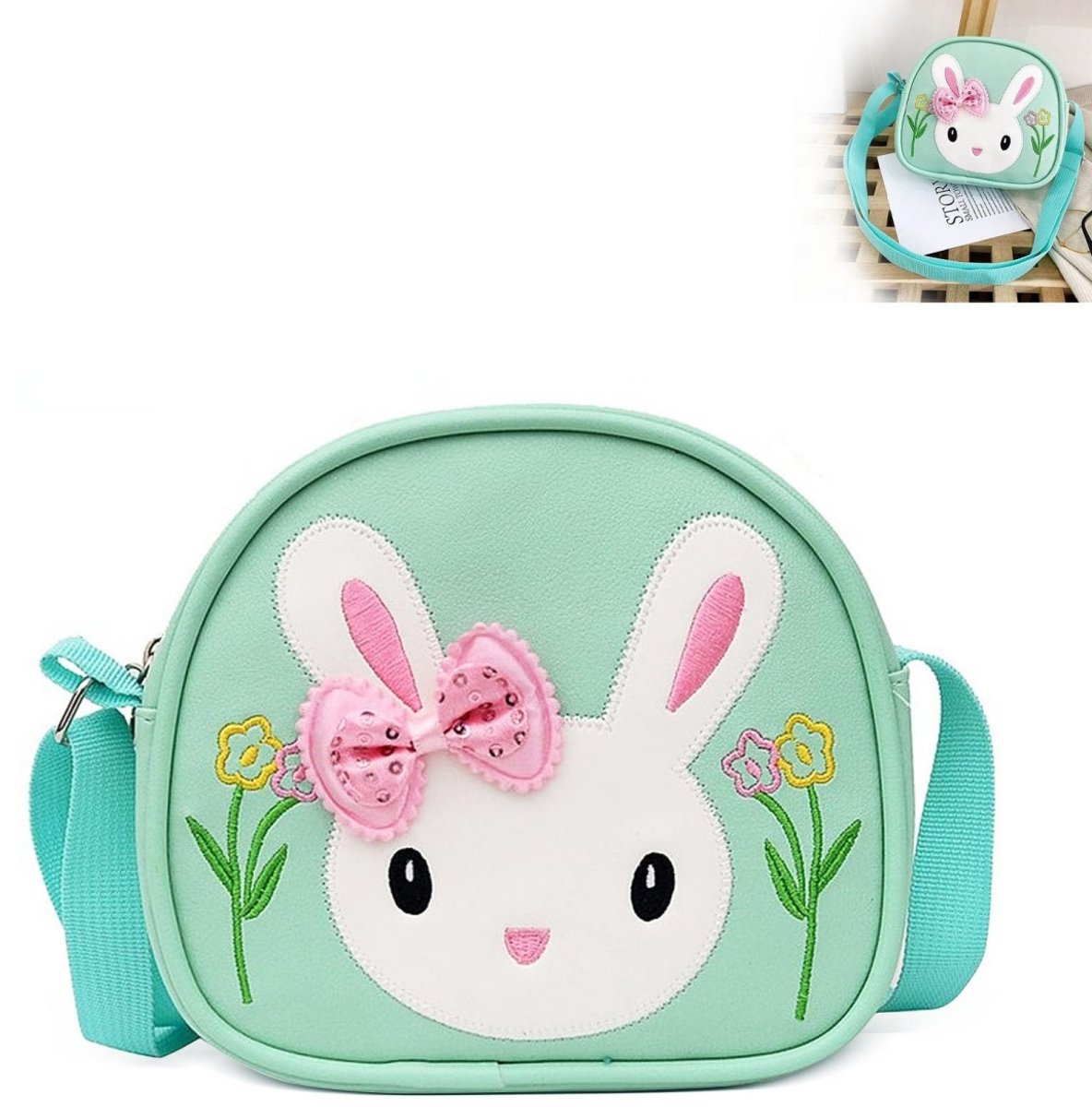 longziming -Handtas met konijnenmotief - Handtas - Verstelbare schouderband - PU-leer - Bloemenstrik met 3D-design - Voor meisjes en kleine prinsesjes - 1 stuk - Groen