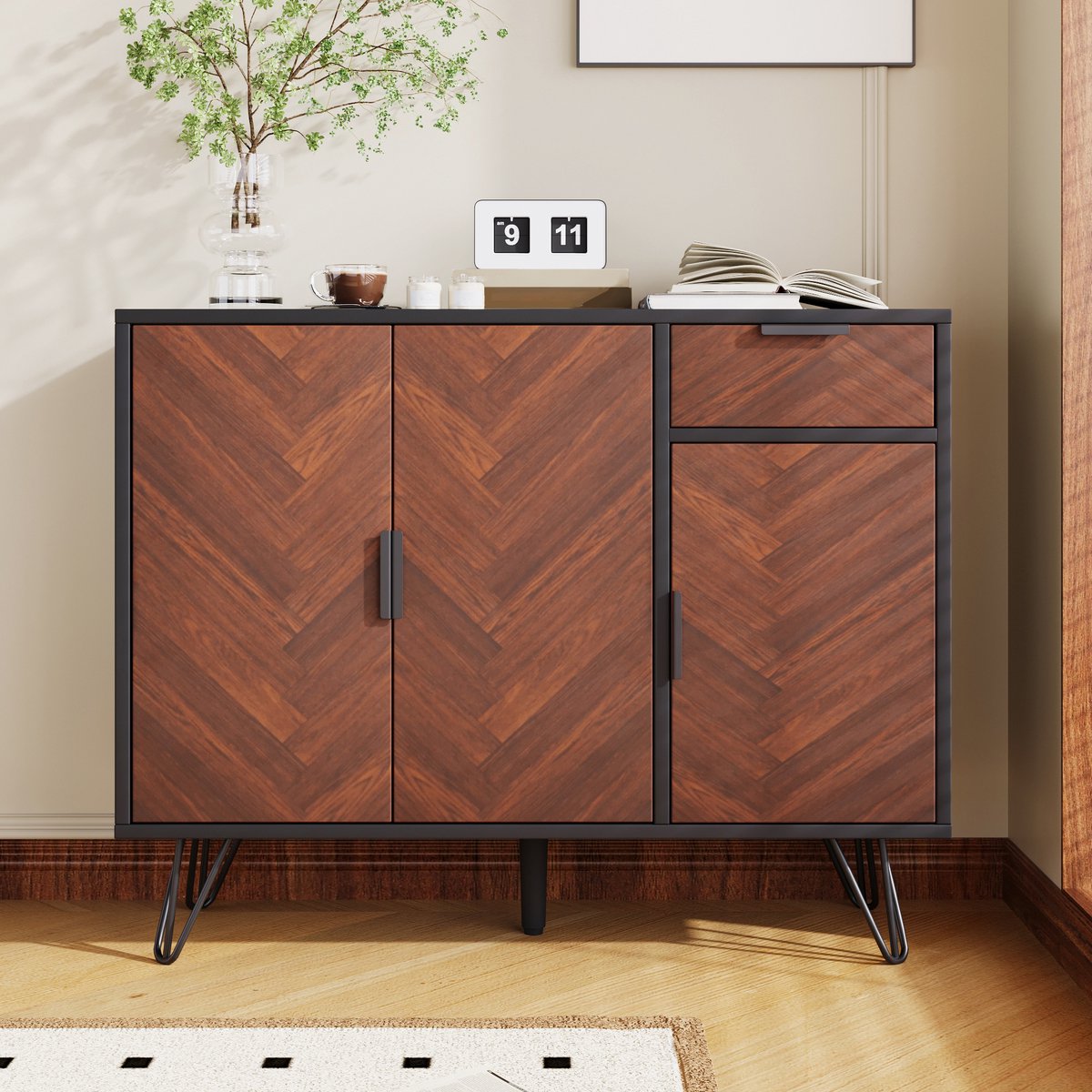 Wishdor - Opbergkast - Met Lade En Verstelbare Planken - Modern - Voor Woonkamer - MDF En Spaanplaat - Zwart En Houtkleur - 90 x 30 x 71,5 cm