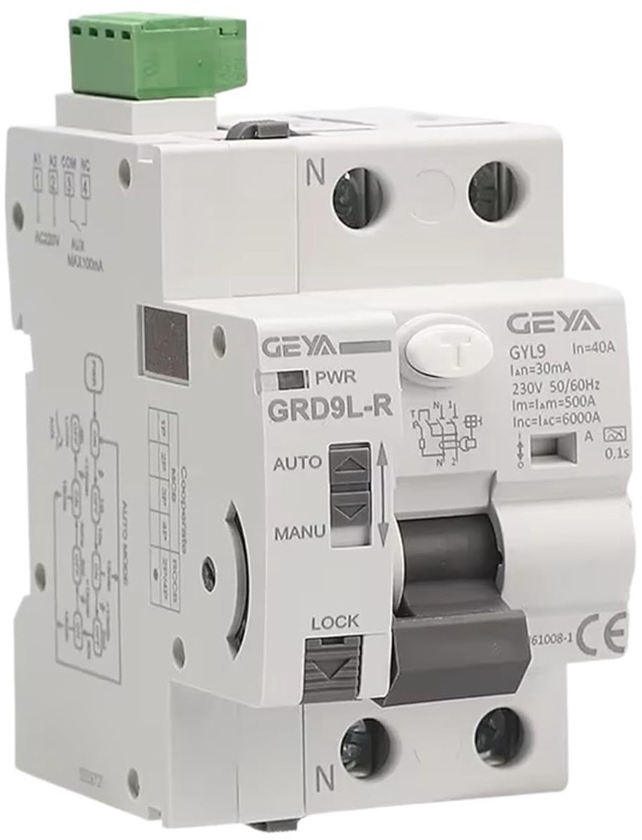 Differentieelschakelaar - Lekstroombeveiliging - Elektrische Beveiliging - Automatische Herinschakeling - 2P 40A 30mA - Grijs