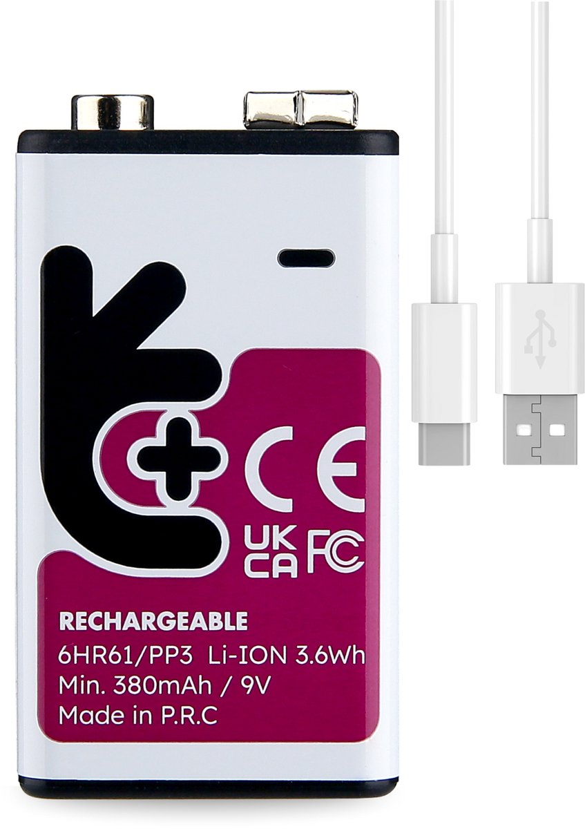 Uniross USB-C Oplaadbare 9V Blok Batterij (E-Block) - Lithium-Ion - Inclusief Laadkabel - 1 Stuks