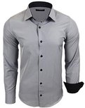 Grijs slim-fit overhemd met zwarte knopen, zwarte kraag en omgeslagen manchetten.