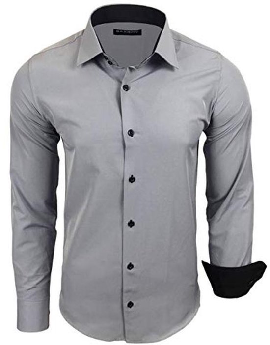 Grijs slim-fit overhemd met zwarte knopen, zwarte kraag en omgeslagen manchetten.
