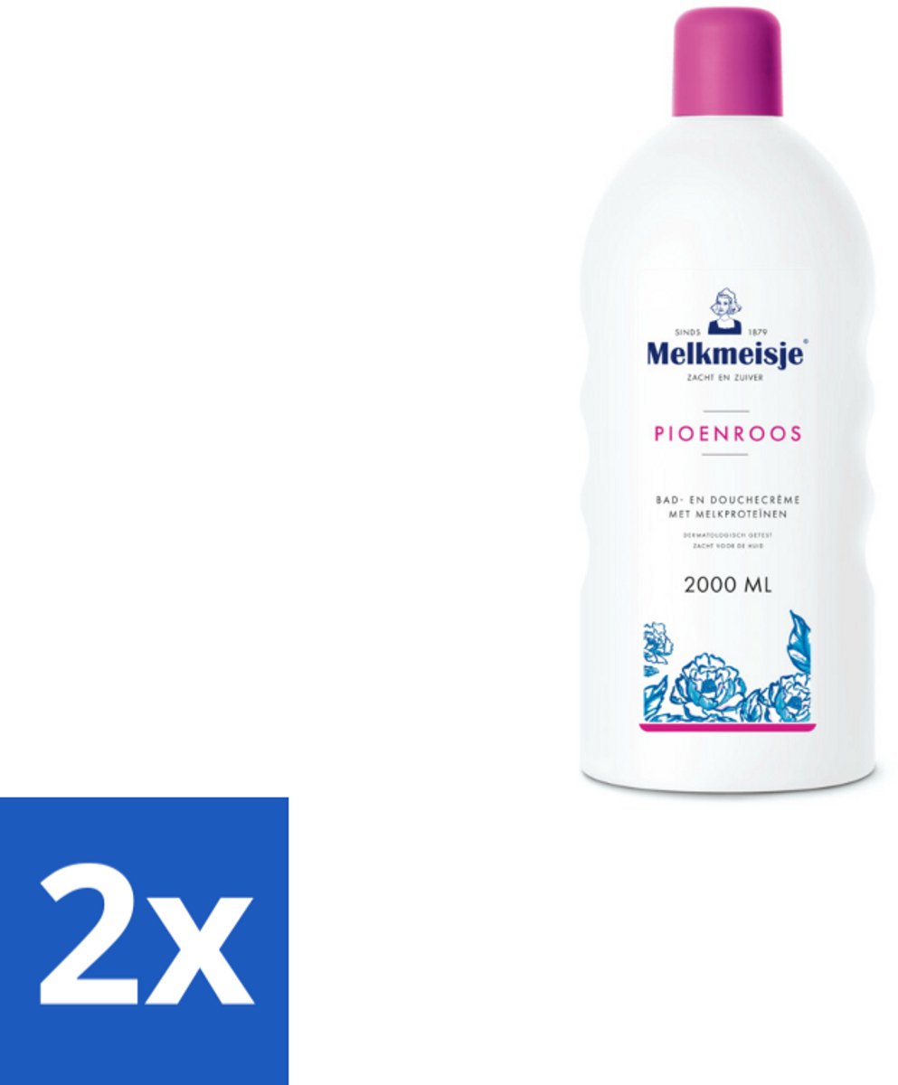 2 x Melkmeisje Bad en Douche Crème Pioenroos 2000 ml - Douchecrème - Melkproteïnen - Katoen - Huidverzorging - Pioenroos