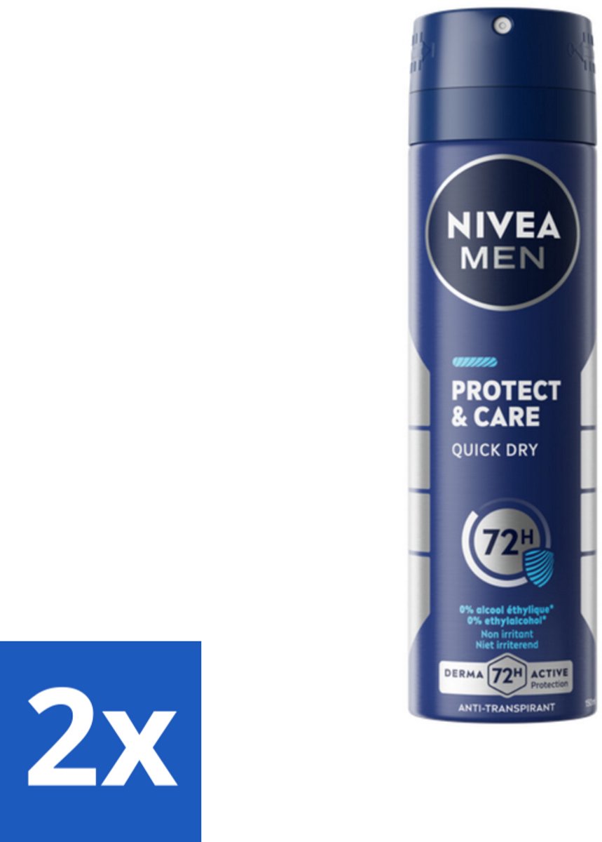 2 x NIVEA Men Deodorant Spray Protect & Care 150 ml - Deodorant Spray - Anti-transpirant - 48 Uur Bescherming - Alcoholvrije Deodorant - Verzorgde Oksels