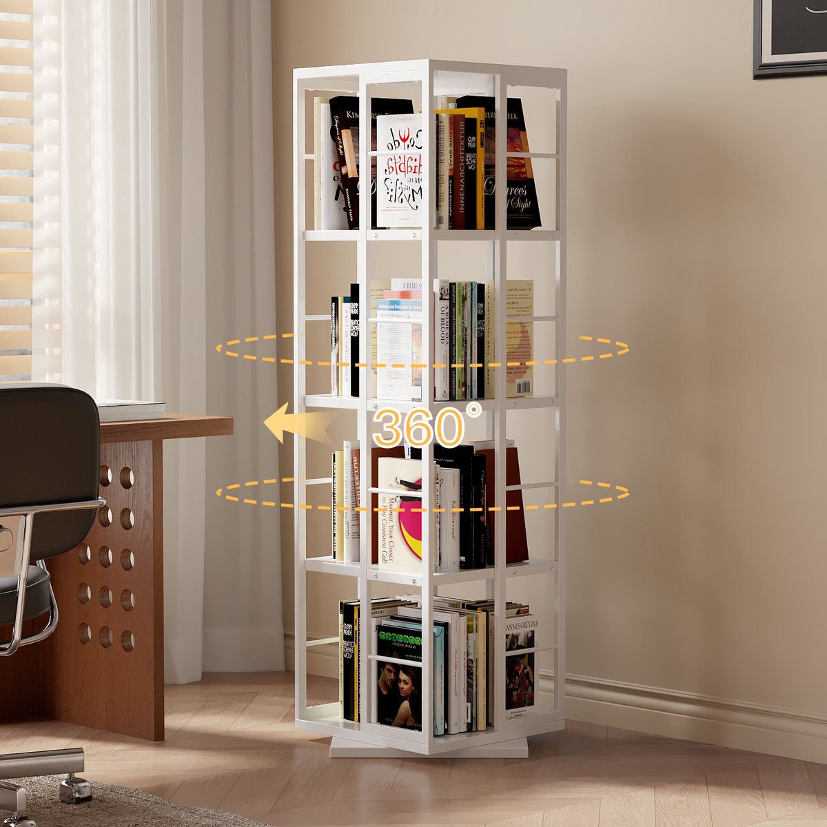Boekenkast - Witte boekenkast - Draaibare boekenkast met vier deuren, 40 x 40 x 137 cm - Open rekkenkast, draaibare boekenkast, geschikt voor de studeerkamer, slaapkamer, woonkamer en kantoor