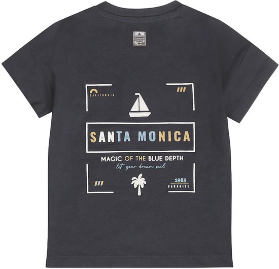 Donkergrijs T-shirt met 'SANTA MONICA' tekst, zeilboot en palmboomprint.