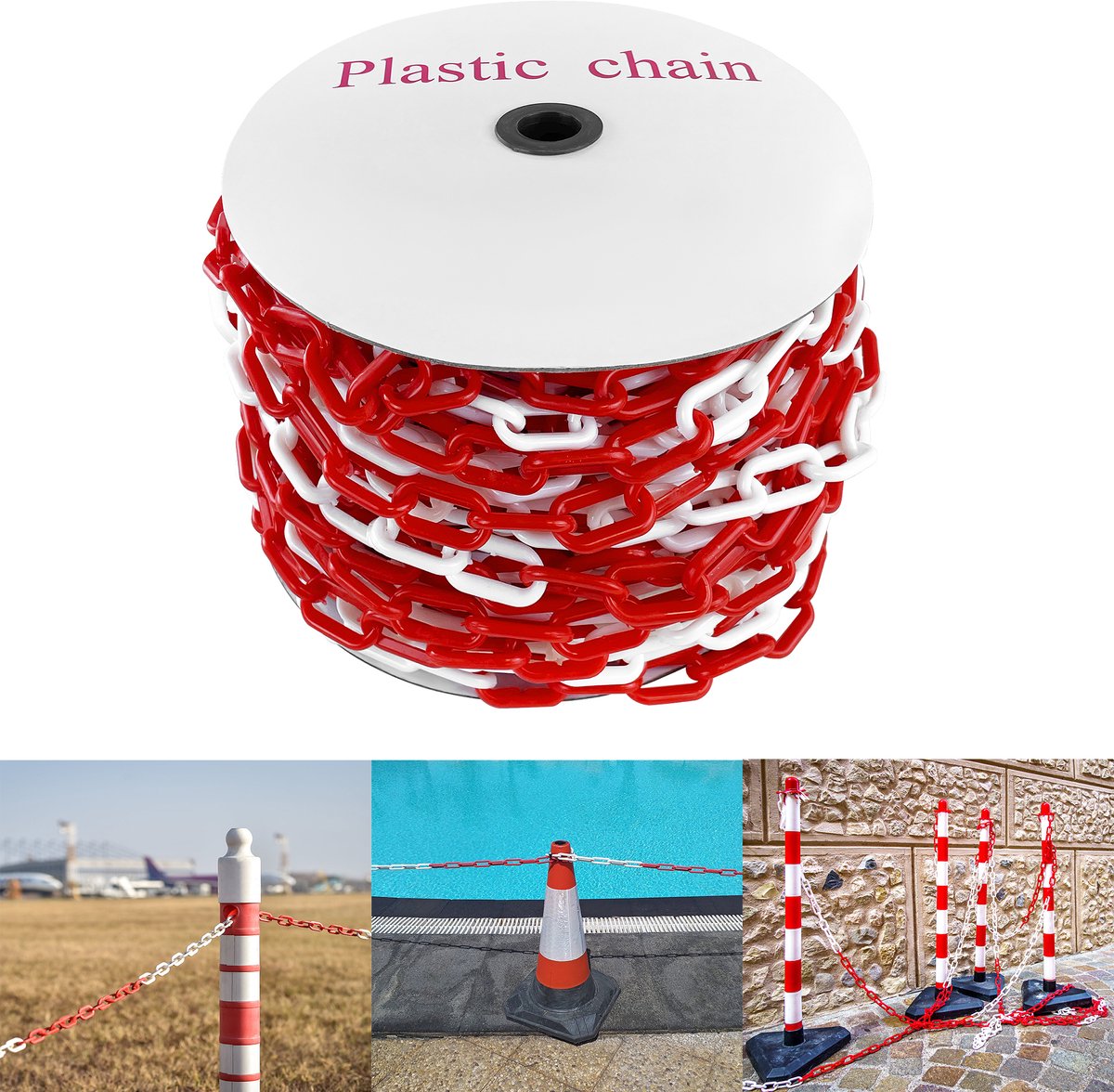Froadp Rood Wit 50 m kunststof ketting Afsluitketting Waarschuwingsketting 6 mm dikte Ronde stalen ketting Bouwplaatsbeveiligingsketting Kunststof ketting