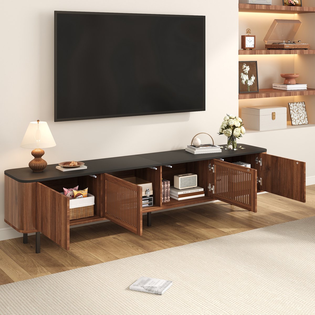 STILVORA Tv Meubel - Minimalistisch Design Met Gitterdeuren En Opbergvakken - Voor Woonkamer En Werkkamer - MDF - 190x35x45 Cm - Noten