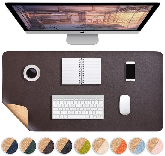 Sous-main en cuir, design recto-verso, liège naturel et cuir PU, protecteur de bureau imperméable, facile à nettoyer, adapté au bureau et à l'usage domestique, Marron, 90 x 40 cm.