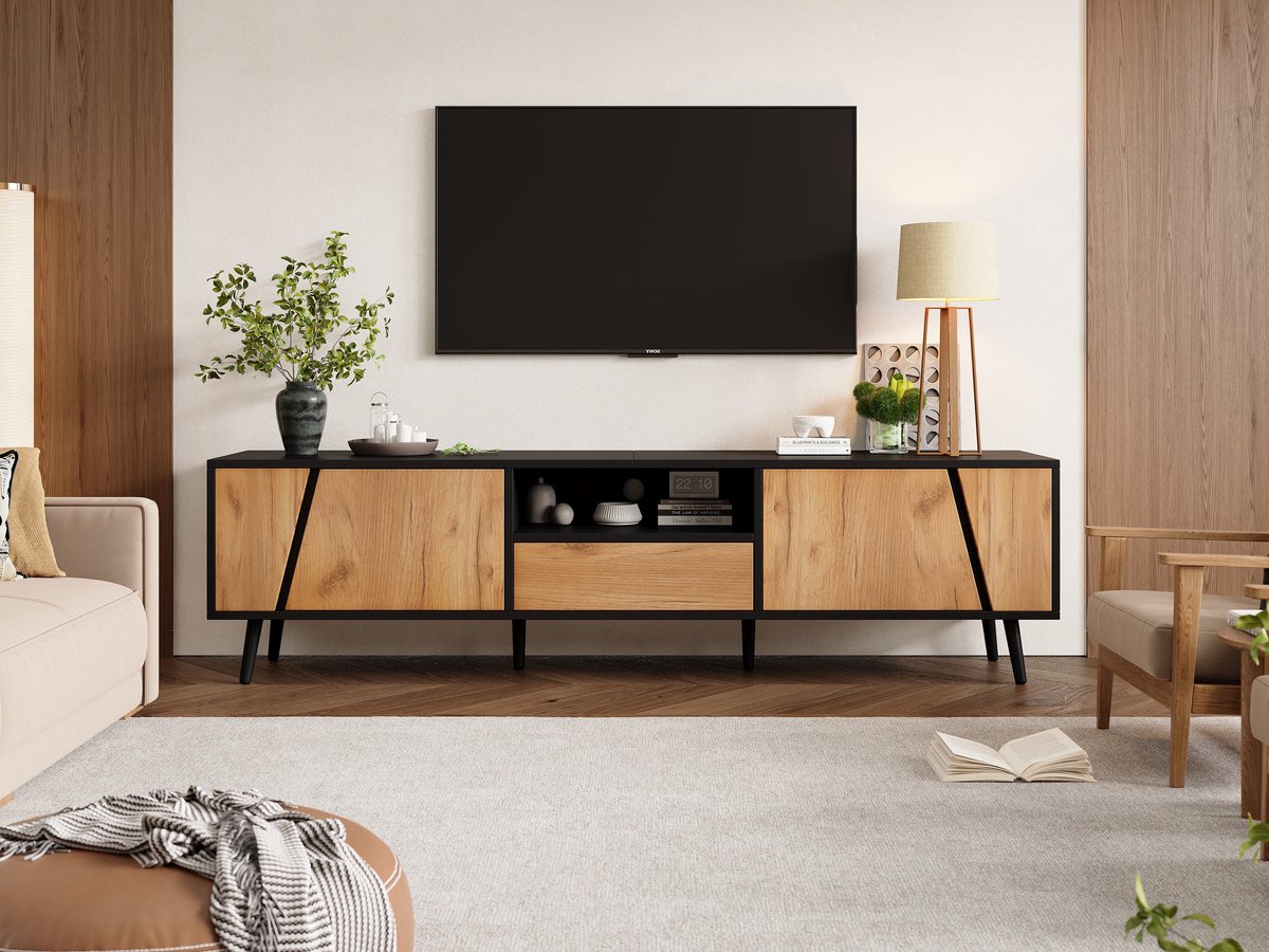 Wishdor Tv-Meubel - 2 Kasten En 1 Lade - Druk-Om-Te-Openen - Spaanplaat Met Massiefhouten Poten - Zwart En Naturel - 180 X 40 X 46 Cm Natuurlijk