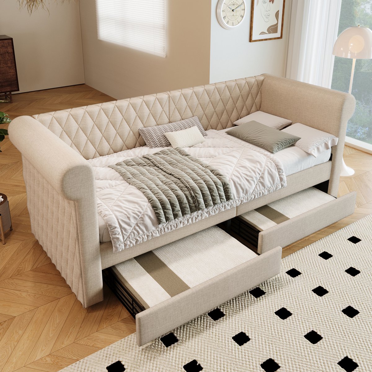 MODFU Bedframe 90x200 cm – Linnen Beige – Vintage Daybed met Ruitdessin – 2 Uittrekbare Lades & Gebogen Armleuningen – Ideaal voor Logeerkamer – Incl. Lattenbodem